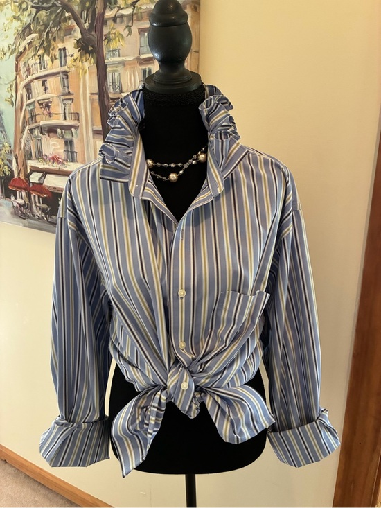 Jos. A. Bank Tops - Jos. A. Bank Blue, White & Yellow Striped Button-Front Shirt ruffle collar